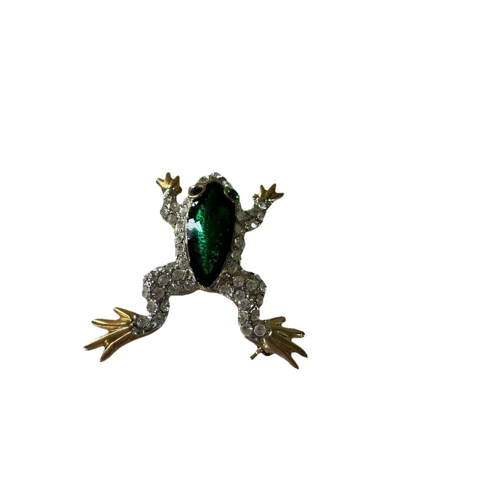 Frog Brooch Pin - Gold Tone w/Rhinestones and Green Shimmering Green